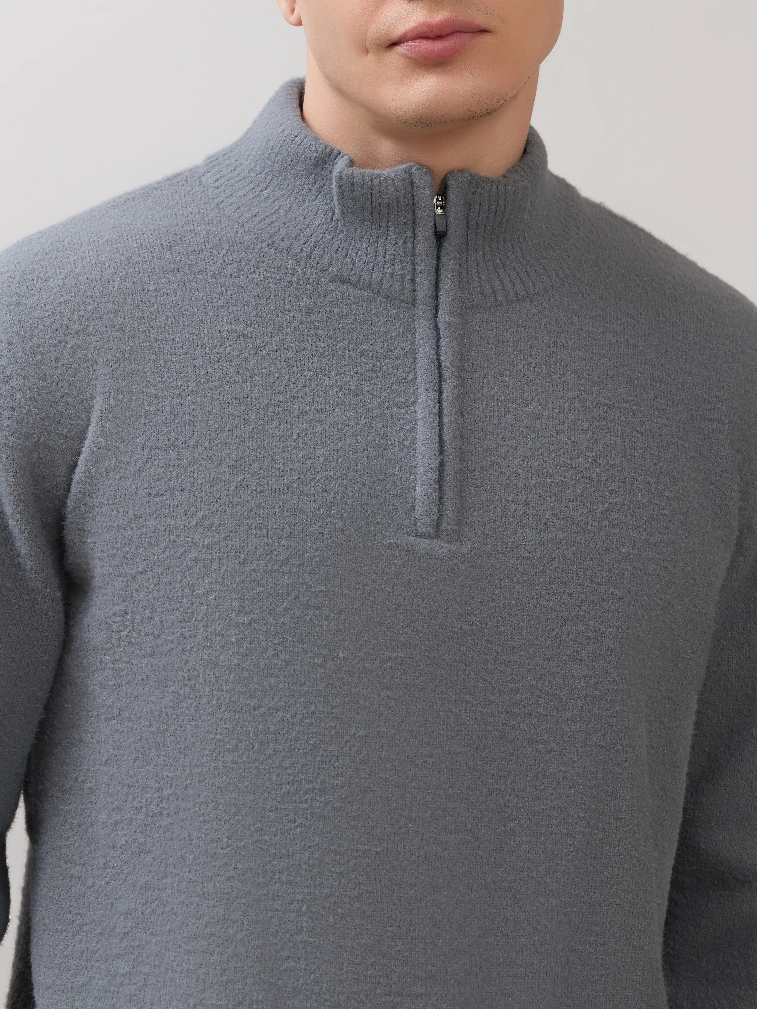Zoro-2 - Regular Half-Zip High Neck Sweater - Grey - Image 3