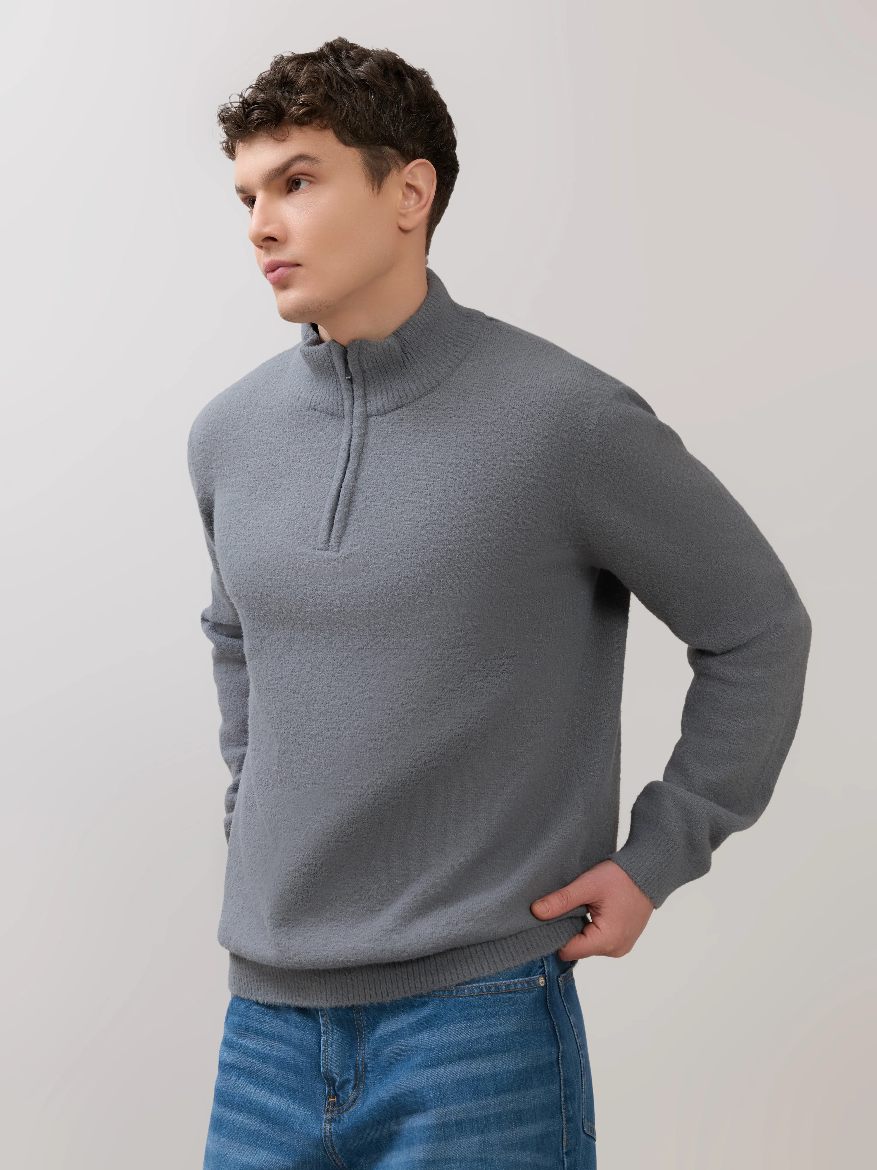 Zoro-2 - Regular Half-Zip High Neck Sweater - Grey - Image 5
